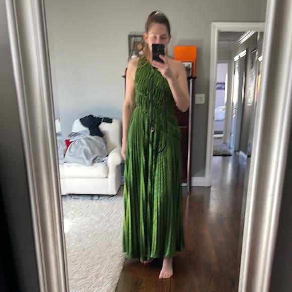 Elegant Green Maxi Dress Akira Stay radiant Metallic chiffon maxi dress size S - Picture 4 of 5